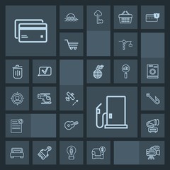 Modern, simple, dark vector icon set with video, gas, lens, house, debit, interior, furniture, oil, saw, vintage, retro, hook, guitar, hammer, fish, musical, card, banking, bedroom, camera, sofa icons