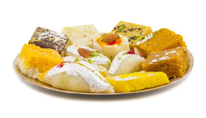 Indian Delicious Mix Sweet Food or Mix Mithai isolated on White Background