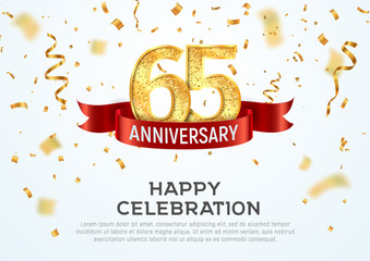 65 years anniversary vector banner template. Sixty-five year jubilee with red ribbon and confetti on white background - obrazy, fototapety, plakaty