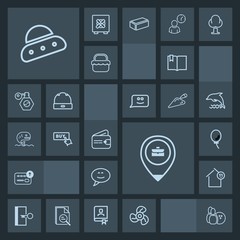 Modern, simple, dark vector icon set with fan, house, cash, game, open, sign, landlord, wallet, money, ventilator, cool, speech, purse, pin, door, message, job, web, air, buy, technology, ufo icons