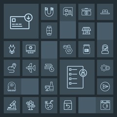 Modern, simple, dark vector icon set with action, research, checklist, washer, bag, house, science, communication, machine, biology, drink, laboratory, cartoon, finance, money, glass, wine, web icons