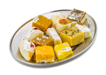Indian Delicious Mix Sweet Food or Mix Mithai isolated on White Background