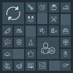 Modern, simple, dark vector icon set with parachuting, musical, protection, boat, sky, science, laboratory, business, photography, technology, tool, drink, oar, profile, jump, photo, status, hot icons