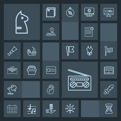 Modern, simple, dark vector icon set with medieval, education, music, schedule, hour, strategy, timetable, radio, contract, scale, lamp, game, book, home, calendar, time, knight, white, screen icons