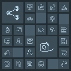 Modern, simple, dark vector icon set with internet, airport, share, communication, building, global, buy, planet, account, social, sign, call, shop, fast, trolley, cart, tape, meal, business icons