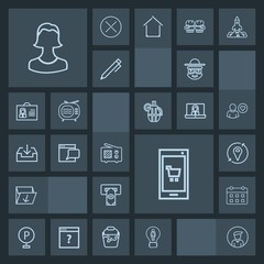 Modern, simple, dark vector icon set with bank, machine, day, signal, cash, mobile, schedule, garbage, trash, calendar, business, human, wireless, idea, male, profile, technology, road, rubbish icons