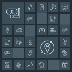 Modern, simple, dark vector icon set with delivery, sea, pin, building, captain, sign, rocket, cap, road, cargo, architecture, hour, space, box, job, navy, sailor, home, craft, concept, glass icons