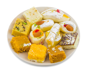 Indian Delicious Mix Sweet Food or Mix Mithai isolated on White Background
