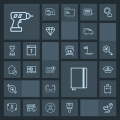 Modern, simple, dark vector icon set with card, travel, bag, notebook, work, sunglasses, vehicle, navigation, fashion, bank, location, suitcase, trip, paintbrush, glasses, sailor, paint, ribbon icons