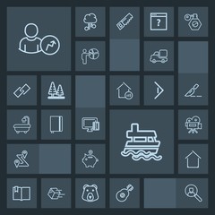 Modern, simple, dark vector icon set with road, vessel, investment, notebook, card, navigation, finance, architecture, building, white, guitar, lorry, house, location, ocean, web, click, payment icons