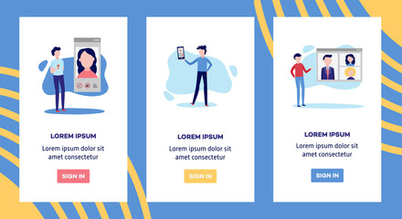 Online video call chat conference banners set with men using smartphone and computer application to communicate with other people over web camera, flat vector illustration.