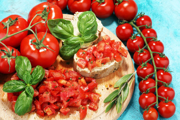 fresh tomato bruschetta. italian food appetizer with basil