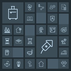 Fototapeta premium Modern, simple, dark vector icon set with mask, faucet, shield, clock, sea, prize, nature, clothes, sink, sand, celebration, iron, snorkel, reward, estate, summer, building, bathroom, award, bag icons