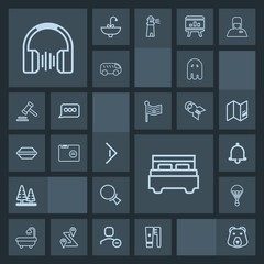 Modern, simple, dark vector icon set with music, environment, alert, bathroom, magnifying, bear, hygiene, wild, bed, nature, search, sky, white, audio, parachuting, parachute, bedroom, forest icons