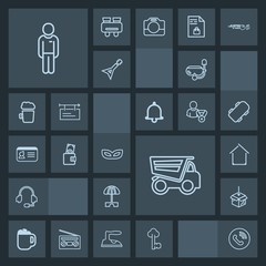 Modern, simple, dark vector icon set with web, drink, carnival, tipper, coffee, home, building, vehicle, mug, technology, dump, sun, party, call, circle, cup, old, truck, microphone, summer, man icons