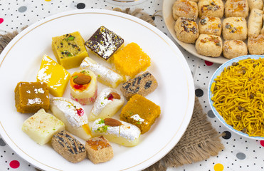 Indian Delicious Mix Sweet Food or Mix Mithai Served with Namkeen or Cookies