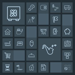 Modern, simple, dark vector icon set with sweet, shop, house, suitcase, safety, time, retail, trumpet, trolley, notebook, cardboard, sos, safe, musical, cash, hour, finance, shopping, luggage icons