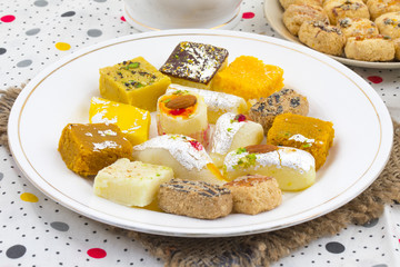 Indian Delicious Mix Sweet Food or Mix Mithai Served with Namkeen or Cookies