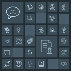 Modern, simple, dark vector icon set with protect, chat, satellite, shorts, business, technology, stick, film, alarm, wear, security, communication, office, equipment, finance, paper, template icons