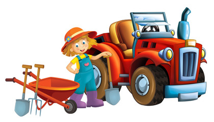 cartoon scene young girl near wheelbarrow - farming tools illustration for children