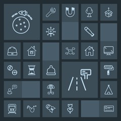 Modern, simple, dark vector icon set with road, hat, flower, communication, street, payment, cheque, transport, planet, nature, brush, money, fashion, baseball, sign, travel, blossom, finance icons