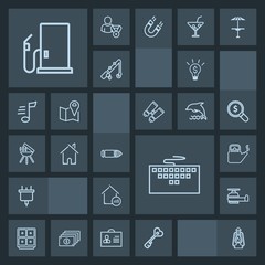 Modern, simple, dark vector icon set with gasoline, money, helicopter, concept, key, business, bank, keyboard, technology, bullet, hot, petrol, vintage, transportation, house, computer, idea icons