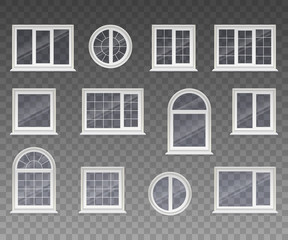 Set of closed square, rectangular, round and arched windows with transparent glass in a white frame. Isolated on a transparent background. Vector