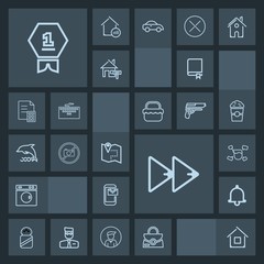 Modern, simple, dark vector icon set with machine, alert, mail, equipment, achievement, spice, man, fashion, alarm, bag, architecture, object, estate, place, education, map, email, food, award icons