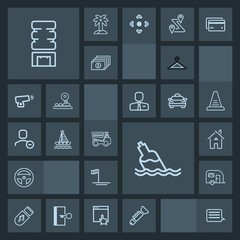 Modern, simple, dark vector icon set with water, clothes, shop, clean, liquid, transport, beach, jazz, transportation, sound, blue, sign, ocean, trumpet, mexico, home, message, technology, cold icons