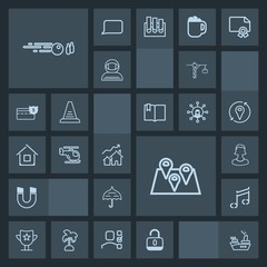 Modern, simple, dark vector icon set with map, strike, science, ball, sport, sea, hit, hammer, magnetic, travel, protection, ship, reward, property, field, music, military, increase, prize, real icons
