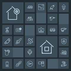 Modern, simple, dark vector icon set with karaoke, dollar, space, cocktail, room, summer, people, machine, dish, antenna, worker, hand, retro, video, drink, voice, apartment, house, tripod, song icons