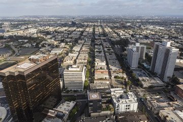 Aerial view of architecture along Wilshire Blvd on the west side of Los Angeles, California.  