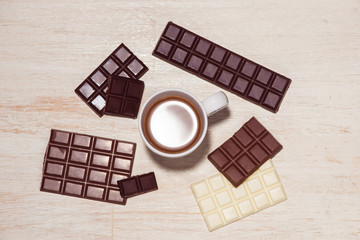 Glass of chocolate milk and variety chocolates  on table