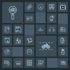 Modern, simple, dark vector icon set with electricity, magnifying, food, blue, cash, phone, coin, camera, cycle, light, plug, lamp, view, find, baggage, sky, ring, travel, technology, circle, tv icons