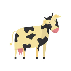 Cute cow with black white spotted skin, horns and udder, hand drawn smiling character icon. Farm animal, livestock used for beef meat and dairy product. Rural mammal. Vector flat isolated illustration