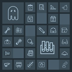 Modern, simple, dark vector icon set with parachute, bag, technology, parachuting, leather, research, rucksack, time, military, clock, war, magnifying, business, horror, weapon, ghost, phone icons