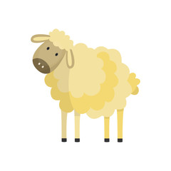 Cute white sheep, lamp with fluffy wool hand drawn smiling character icon. Farm animal, livestock used for meat and wool. Rural mammal. Vector flat isolated illustration