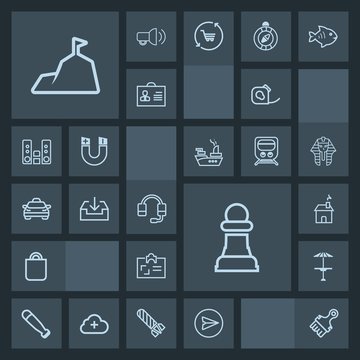 Modern, simple, dark vector icon set with electrical, light, celebration, horse, card, sky, chess, id, present, blue, people, white, bar, cafe, message, identity, tape, bag, baseball, building icons