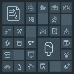 Modern, simple, dark vector icon set with wheel, present, cream, click, interior, office, file, win, dessert, cycle, bicycle, web, sign, document, prize, brush, bike, ribbon, table, reward, food icons