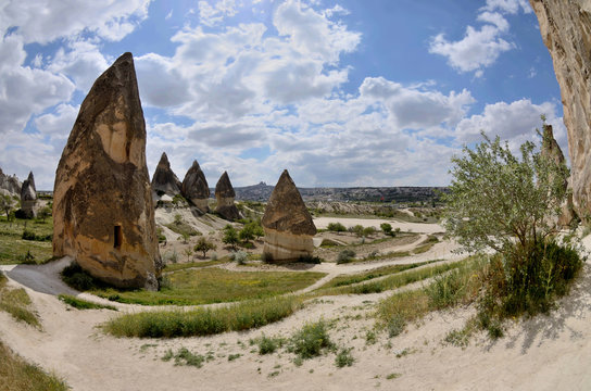 Volcanic rock pillars and cave churches in Sword Valley (Kiliclar Vadisi), Cappadocia, famous landmark,Turkey, hiking place
