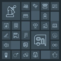 Modern, simple, dark vector icon set with transportation, sale, drink, sport, van, telephone, exercise, wild, electricity, gift, animal, banking, bulb, electric, refresh, quality, car, bear, tea icons