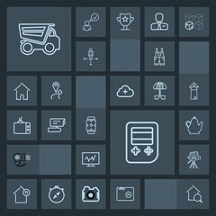 Modern, simple, dark vector icon set with technology, arrow, vehicle, dumper, tripod, dump, drink, online, landlord, hair, uniform, fan, web, blank, estate, house, file, watch, video, kettle icons