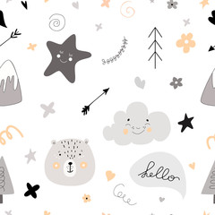 Pattern Scandinavian kids doodles elements monochrome elements cute faces of bear fir tree lettering clouds characters and star background (arrows and smiling star) grey black white yellow