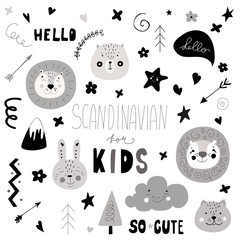 Scandinavian kids doodles elements set monochrome wild animal hand drawn lion face - 205378718