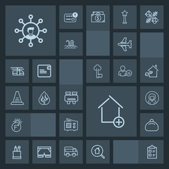 Modern, simple, dark vector icon set with wireless, signal, tick, display, house, woman, check, estate, young, airplane, screen, style, antenna, real, online, glasses, communication, leather icons