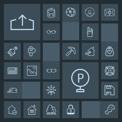 Modern, simple, dark vector icon set with security, vehicle, fashion, sun, chicken, technology, property, marketing, car, screen, food, stationery, computer, web, hat, road, download, concept icons