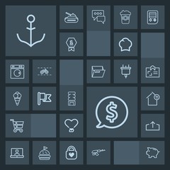 Modern, simple, dark vector icon set with investment, circle, download, money, communication, gun, ship, video, heart, house, weapon, price, uniform, tag, wheel, cart, nautical, web, helm, call icons