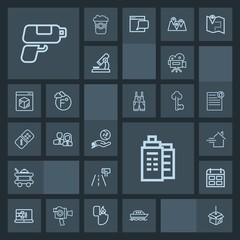 Modern, simple, dark vector icon set with building, home, day, camera, package, investment, business, pistol, retro, upload, gun, estate, online, sign, internet, real, schedule, room, call, sea icons