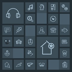 Modern, simple, dark vector icon set with home, mouse, drink, music, sound, anchor, apartment, nautical, mug, airplane, coffee, click, shop, flipper, trolley, summer, computer, estate, cafe, tag icons