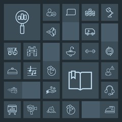 Modern, simple, dark vector icon set with late, ambulance, template, business, infographic, alarm, rescue, online, computer, sitting, fahrenheit, support, microphone, music, headset, ironing icons